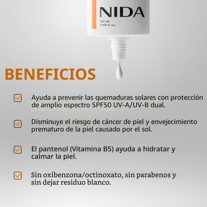 NIDA - Protector Solar Invisible Sun Cream 50ml SPF50+ PA++++ sin Residuo Blanco
