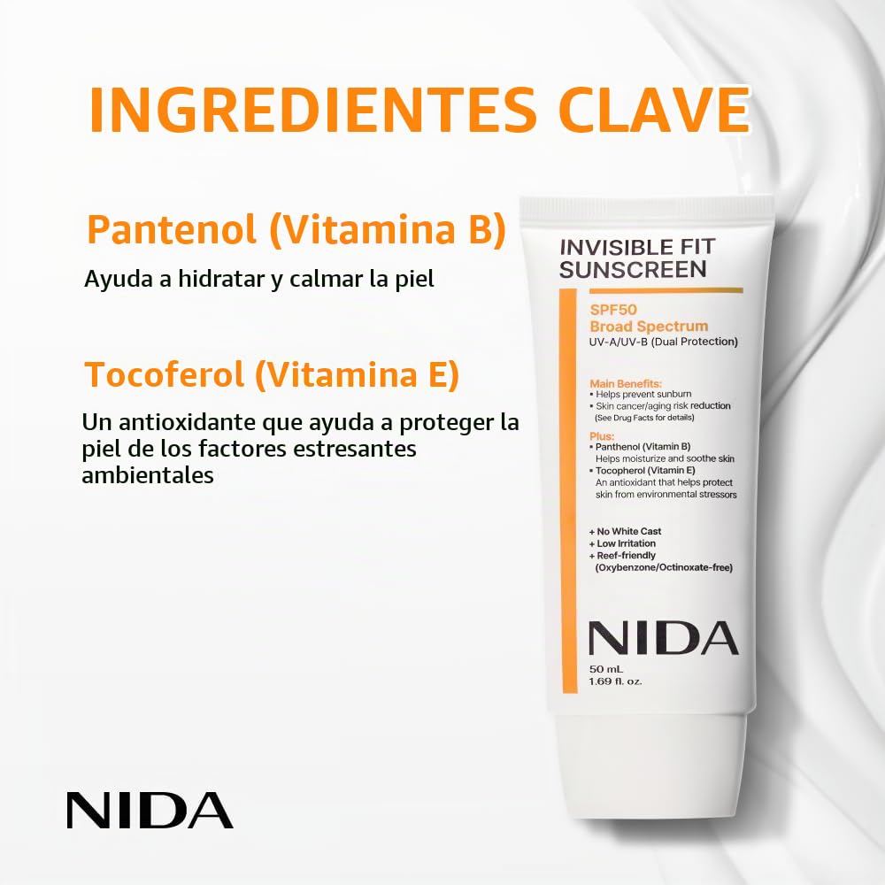 NIDA - Protector Solar Invisible Sun Cream 50ml SPF50+ PA++++ sin Residuo Blanco