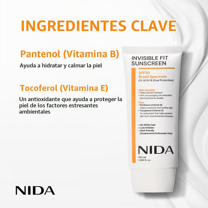 NIDA - Protector Solar Invisible Sun Cream 50ml SPF50+ PA++++ sin Residuo Blanco