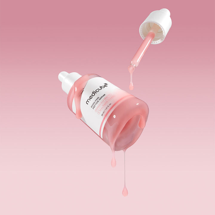 Infografia de beneficios clave de Medicube PDRN Pink Peptide Serum, sérum coreano con PDRN de salmon